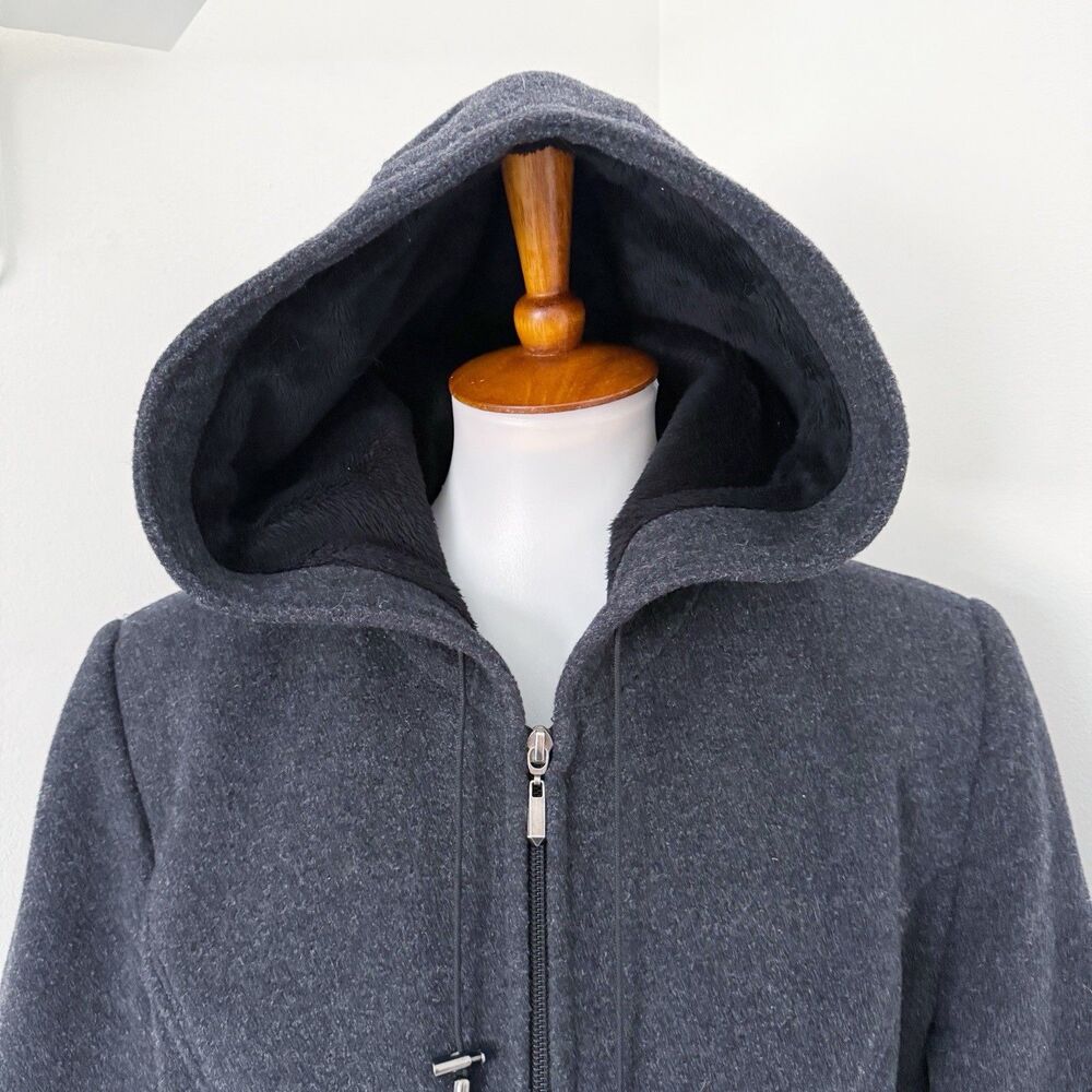 St. John’s Bay Women Wool Cashmere Blend Car Coat Hooded Peacoat Charcoal Gray M - Picture 2 of 16